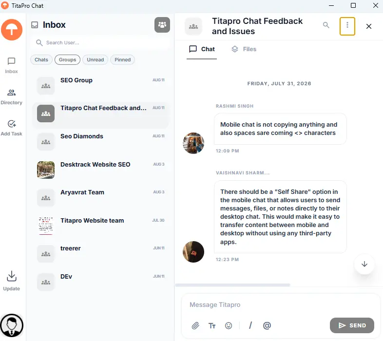 TitaPro Built-In Team Chat Interface